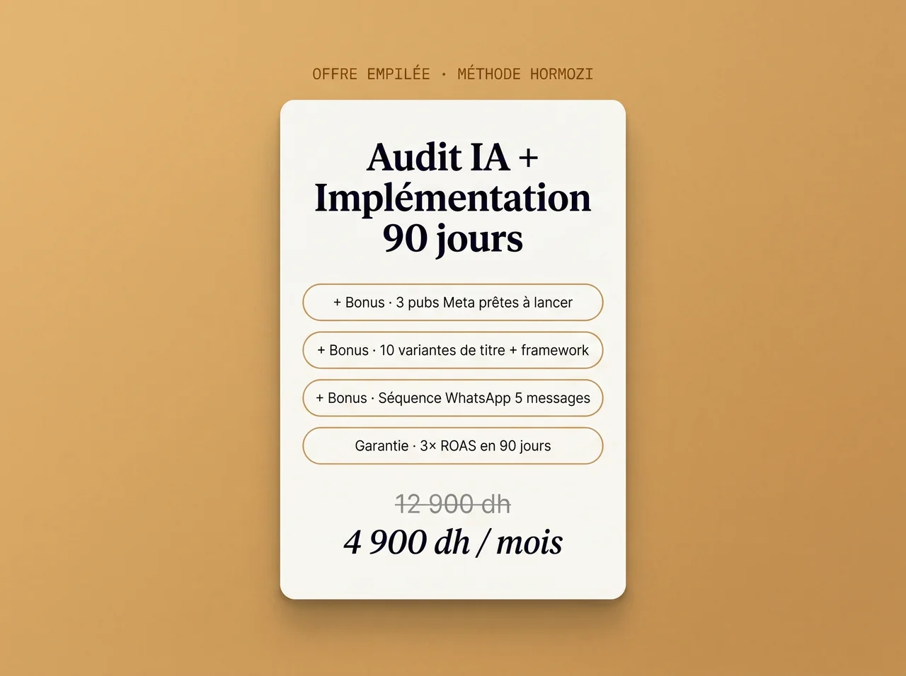 Offre empil&eacute;e Hormozi : quatre bonus, garantie, ancrage prix